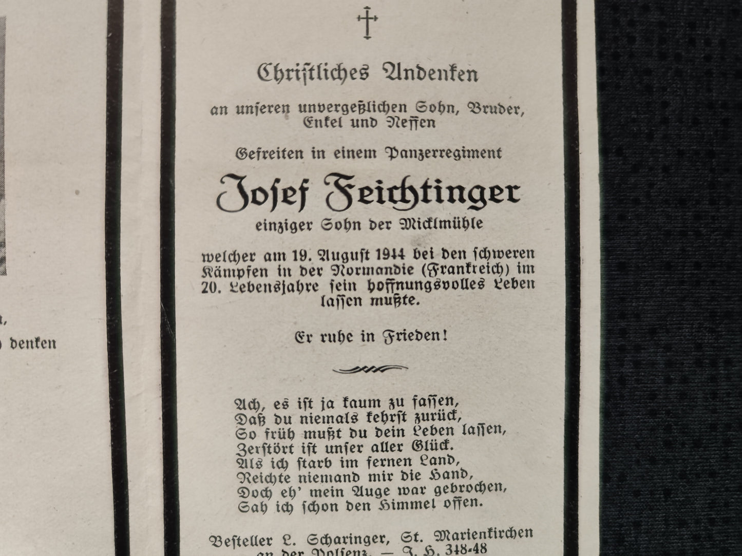 Sterbebild Gefreiter 12. SS-Panzerdivision "Hitlerjugend" Normandie Frankreich