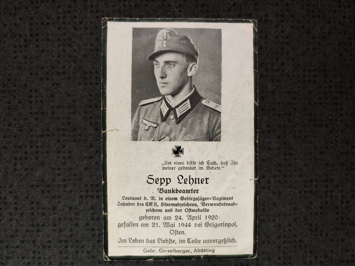 Sterbebild Leutnant d.R. Egglham Gebirgsjäger Regt. EK II ISA VWA Grigoriopol Chisinau Moldawien