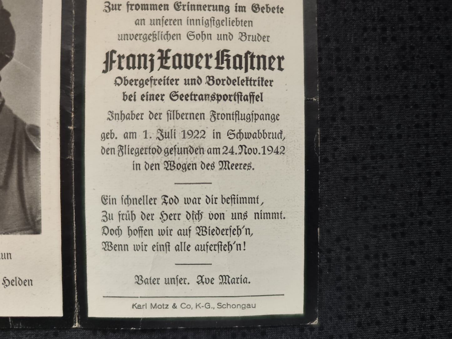 Sterbebild Obergefreiter Schongau Seetransportstaffel 222 Blohm & Voss BV FFS Silber Tripolis-Tarent Meer