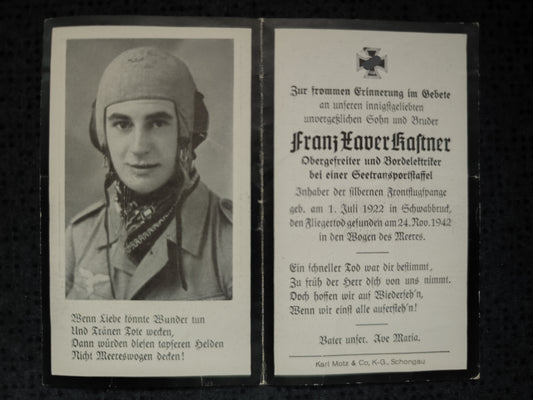 Sterbebild Obergefreiter Schongau Seetransportstaffel 222 Blohm & Voss BV FFS Silber Tripolis-Tarent Meer