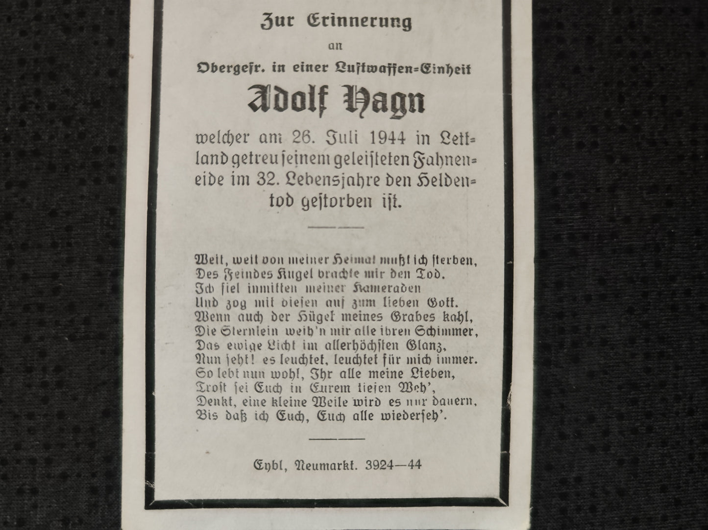 Sterbebild Obergefreiter Kallham Luftwaffen-Einheit Nizgallen Dünaburg Lettland
