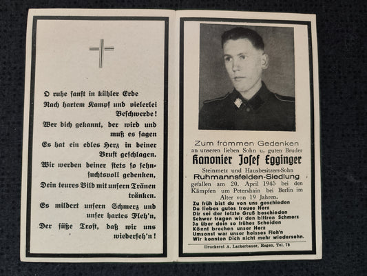 Sterbebild Kanonier Ruhmannsfelden Artillerie Regt. Endkampf Petershain Berlin