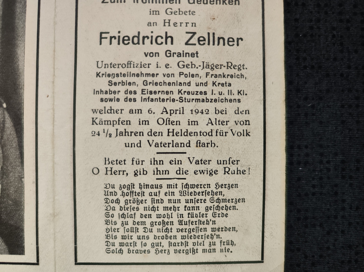 Sterbebild Unteroffizier Grainet Gebirgsjäger Regt. Kreta Kämpfer EK I&II Osten