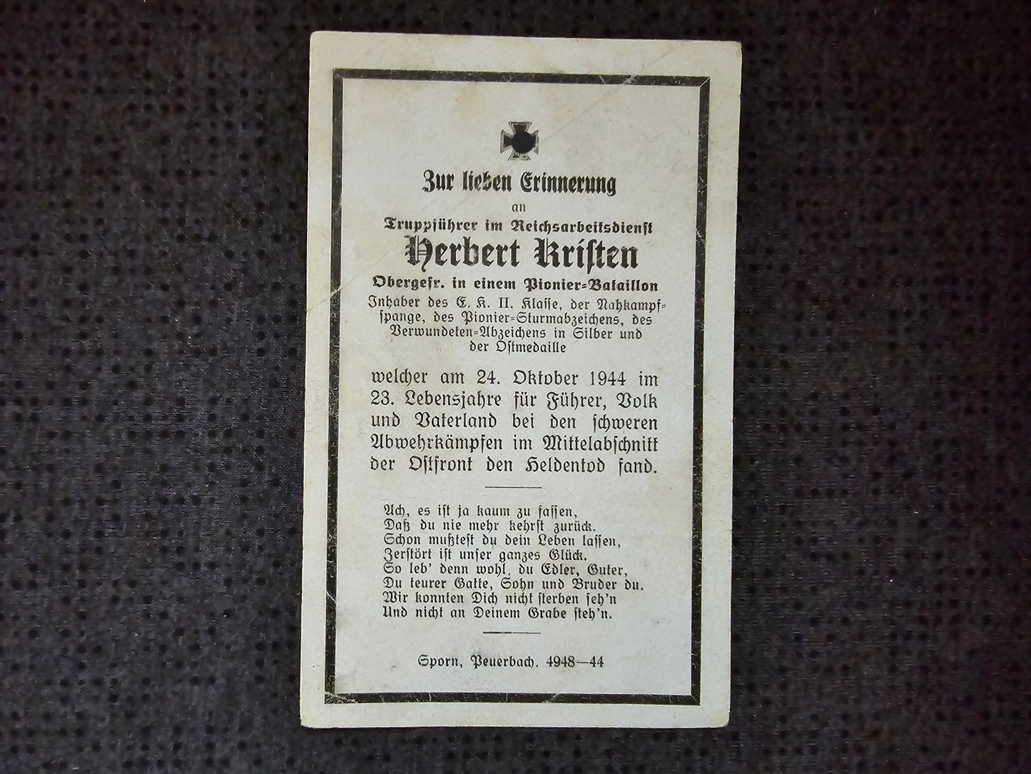 Sterbebild Obergefreiter Neu-Ullersdorf Pionier Btl. Truppführer RAD NKS Pionier Sturm Abz. Mlawka Polen