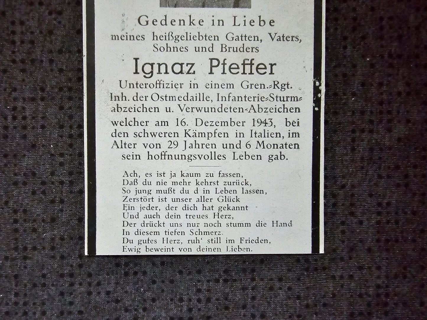 Sterbebild Unteroffizier 3. Reichs-Grenadier Regt. "Hoch & Deutschmeister" Mastro Giovanni Cassino Italien