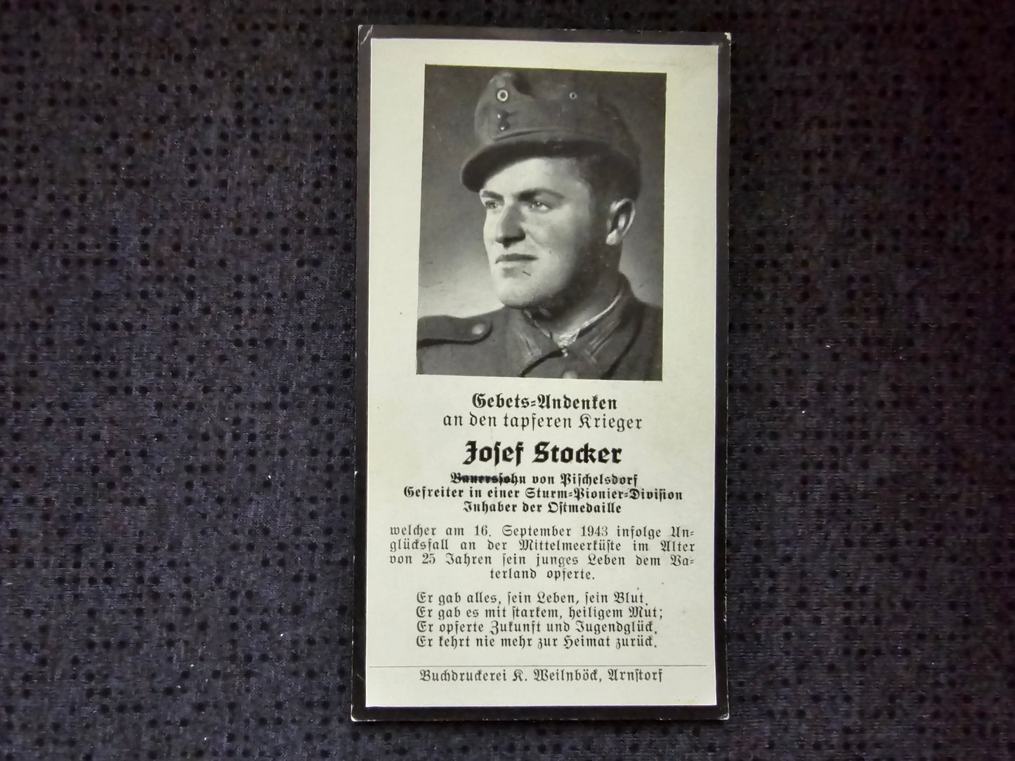 Sterbebild Gefreiter Pichelsdorf 1. Komp. Pionier Btl. "Feldherrnhalle" FHH le Gros d´Utelle Dagneux Frankreich