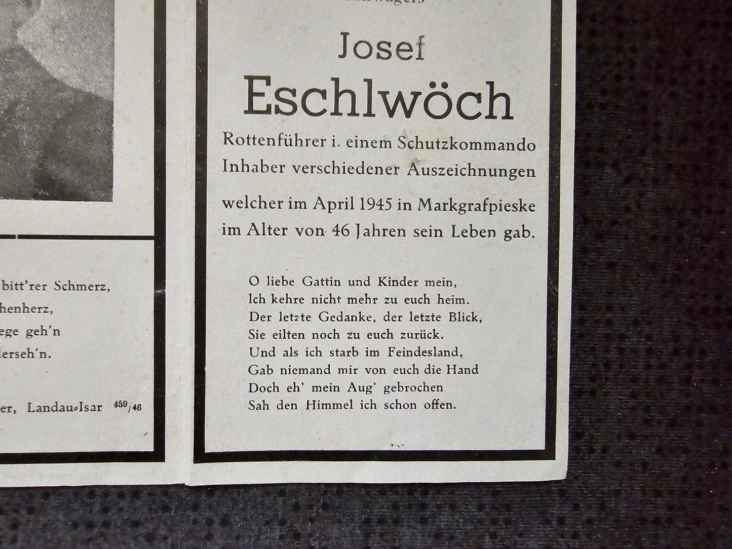 Sterbebild Rottenführer Schutzkommando Endkampf Markgrafpieske Beeskow Seelower Höhen