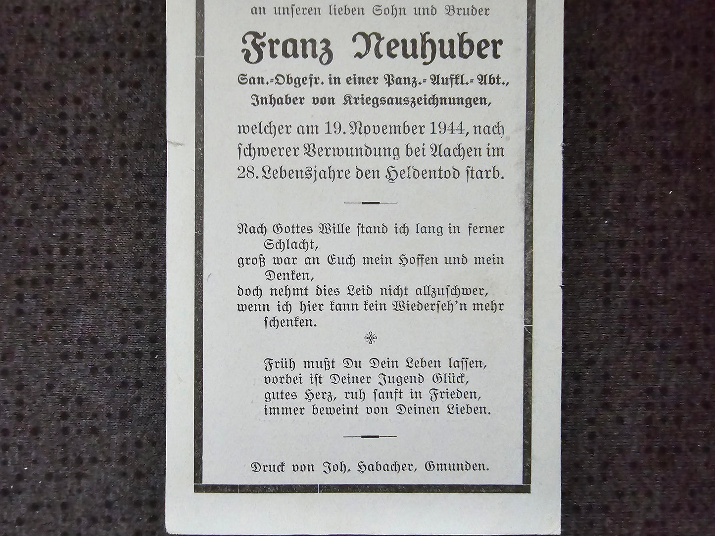 Sterbebild Sanitäts-Obergefreiter Vorchdorf 2. Panzer-Aufklärungs Abt. 9 Aachen Tuschenbroich Wegberg
