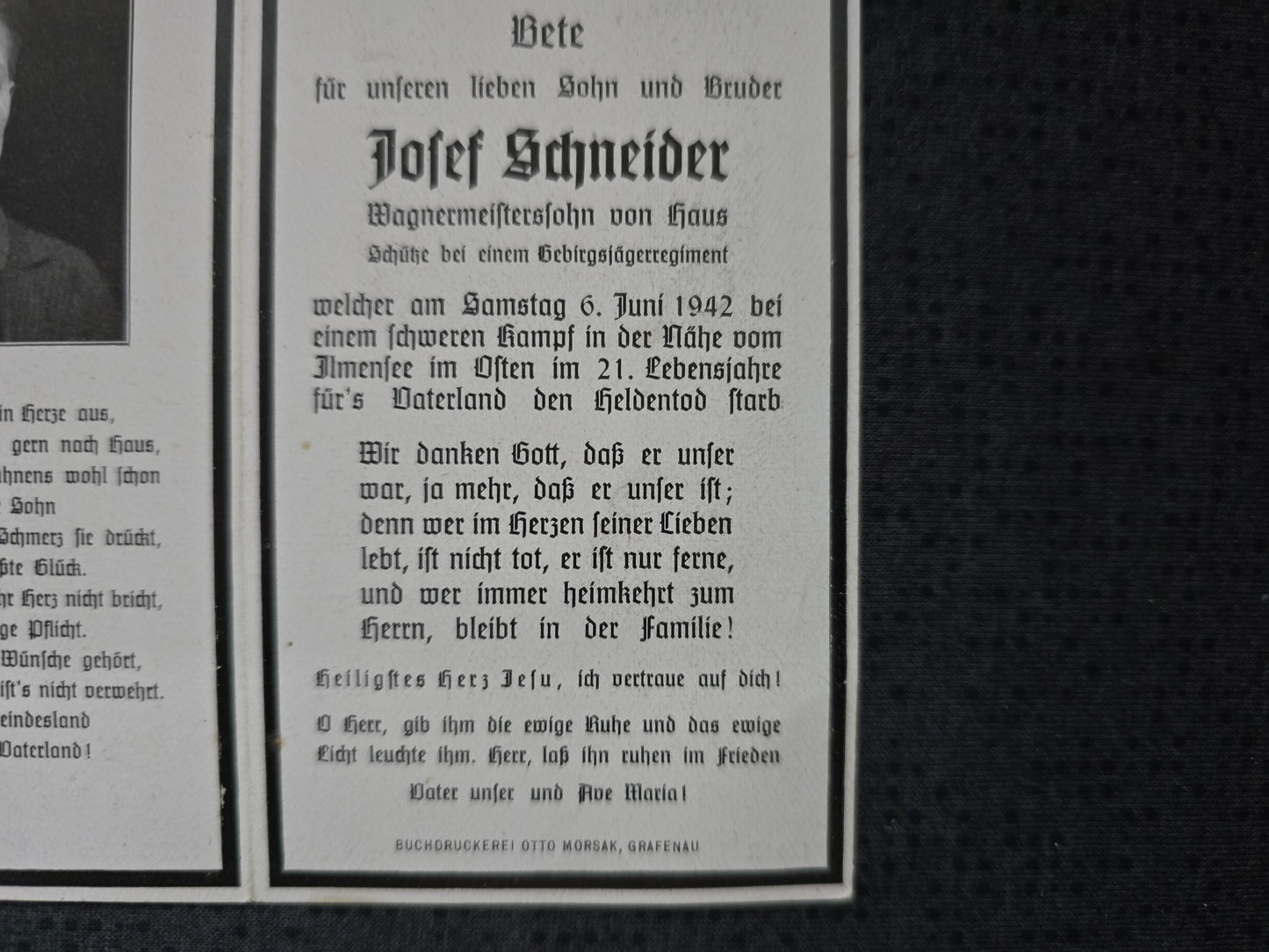 Sterbebild Schütze Grafenau 11. Komp. Geb. Jäger Regt. 218 Ilmensee Gridino Russland