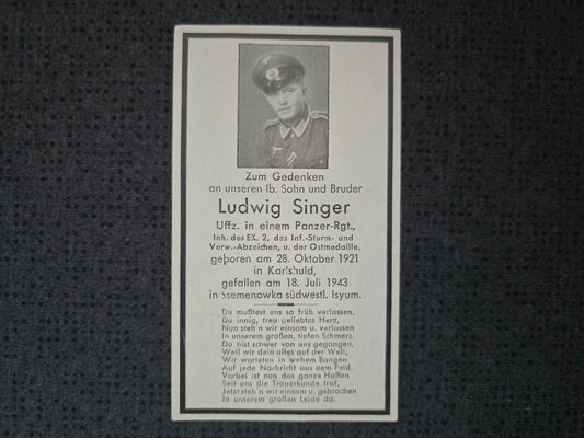 Sterbebild Unteroffizier Karlshuld 6. Panzer Gren. Regt. 40 EK II ISA Isyum Russland