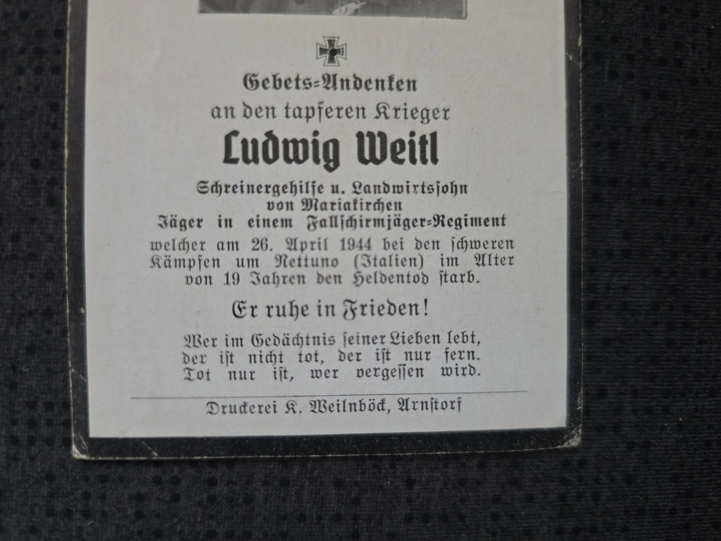 Sterbebild Jäger Arnstorf 10. Komp. Fallschirmjäger Regt. 10 schwere Kämpfe Nettuno Italien