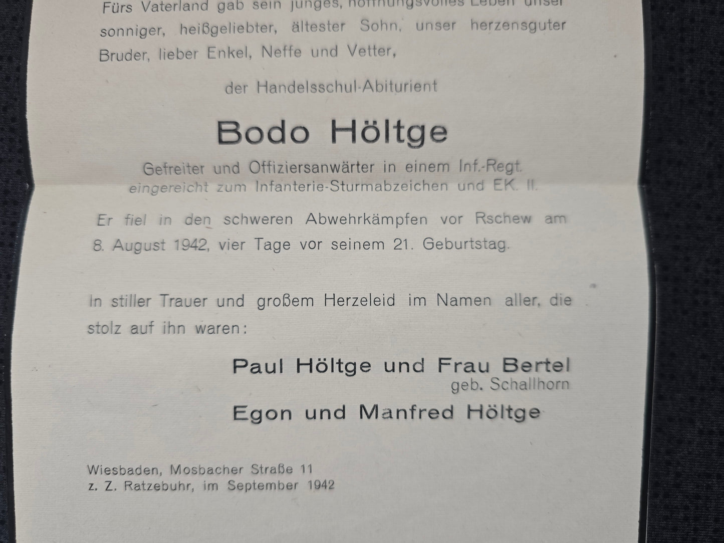 Sterbebild Trauerbrief Gefreiter OA Wiesbaden 10. Komp. Inf. Regt. 549 Rshew Krasnoje Russland
