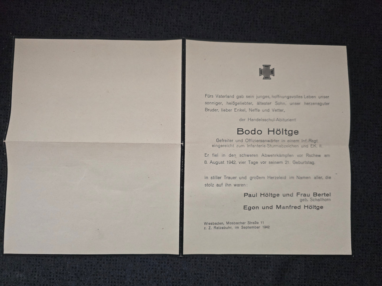 Sterbebild Trauerbrief Gefreiter OA Wiesbaden 10. Komp. Inf. Regt. 549 Rshew Krasnoje Russland
