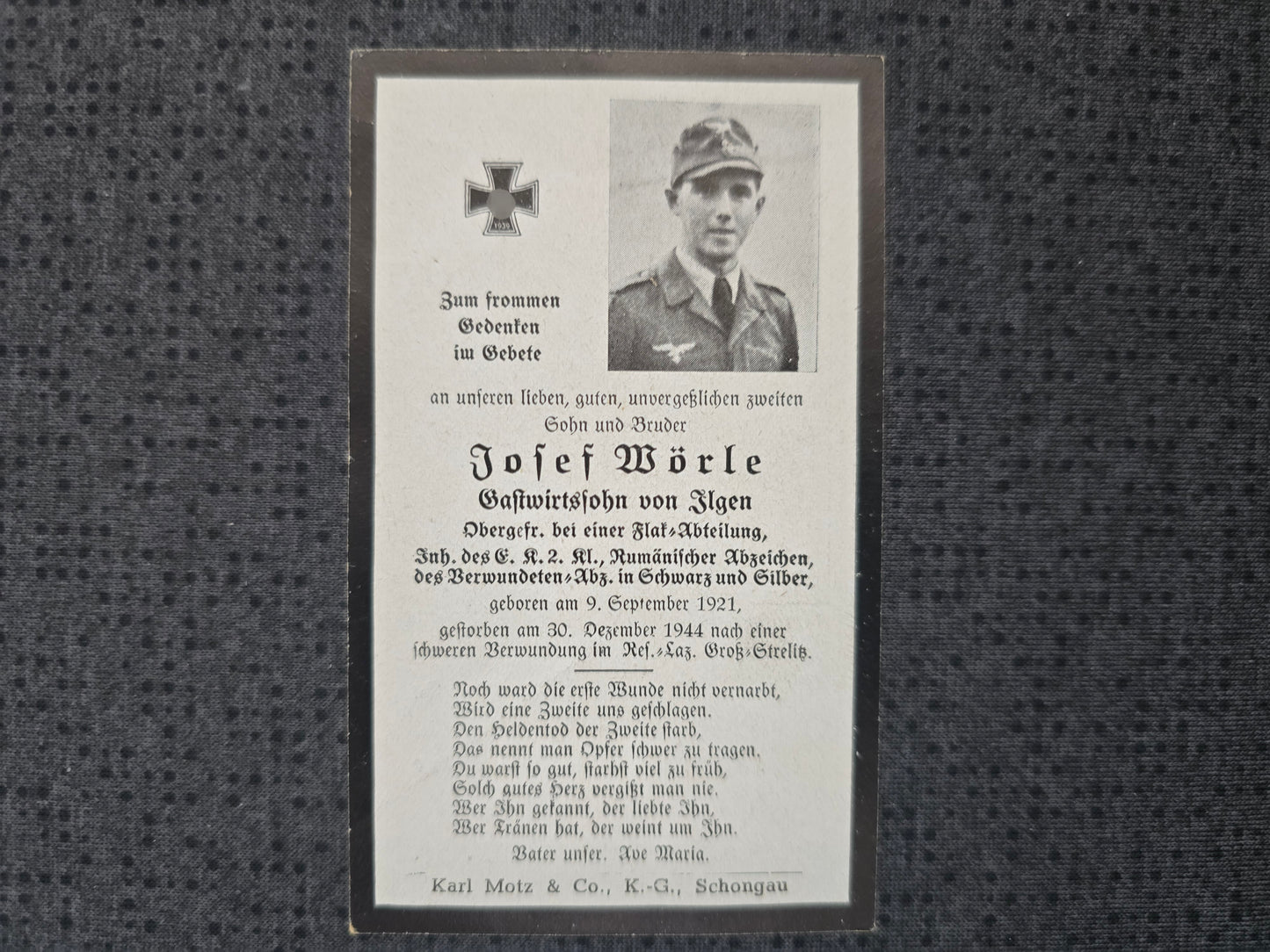 Sterbebild Obergefreiter Ilgen 12. Art. Regt. 175 Rumänischer Orden Groß-Strehlitz Polen