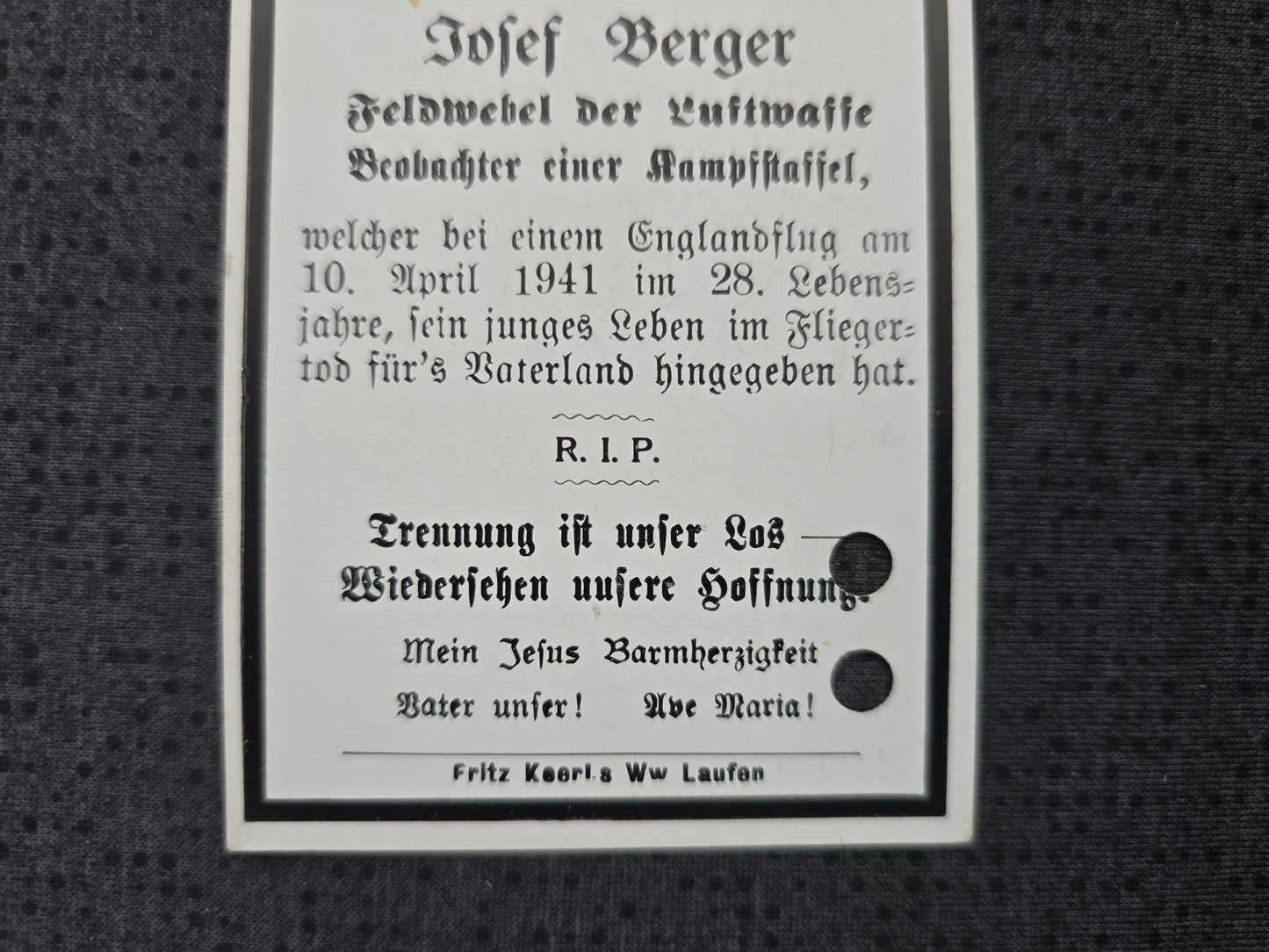 Sterbebild + Foto Feldwebel Freising 5/KG-1 "Hindenburg" JU-88 Feindflug Birmingham Bicester England