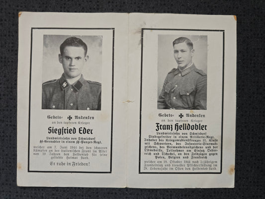 Sterbebild Doppelkarte SS-Grenadier Schmiedorf SS-Panzer Regt. Futa-Pass Italien Stabsgefreiter Artillerie Regt. Ciepielowo Polen