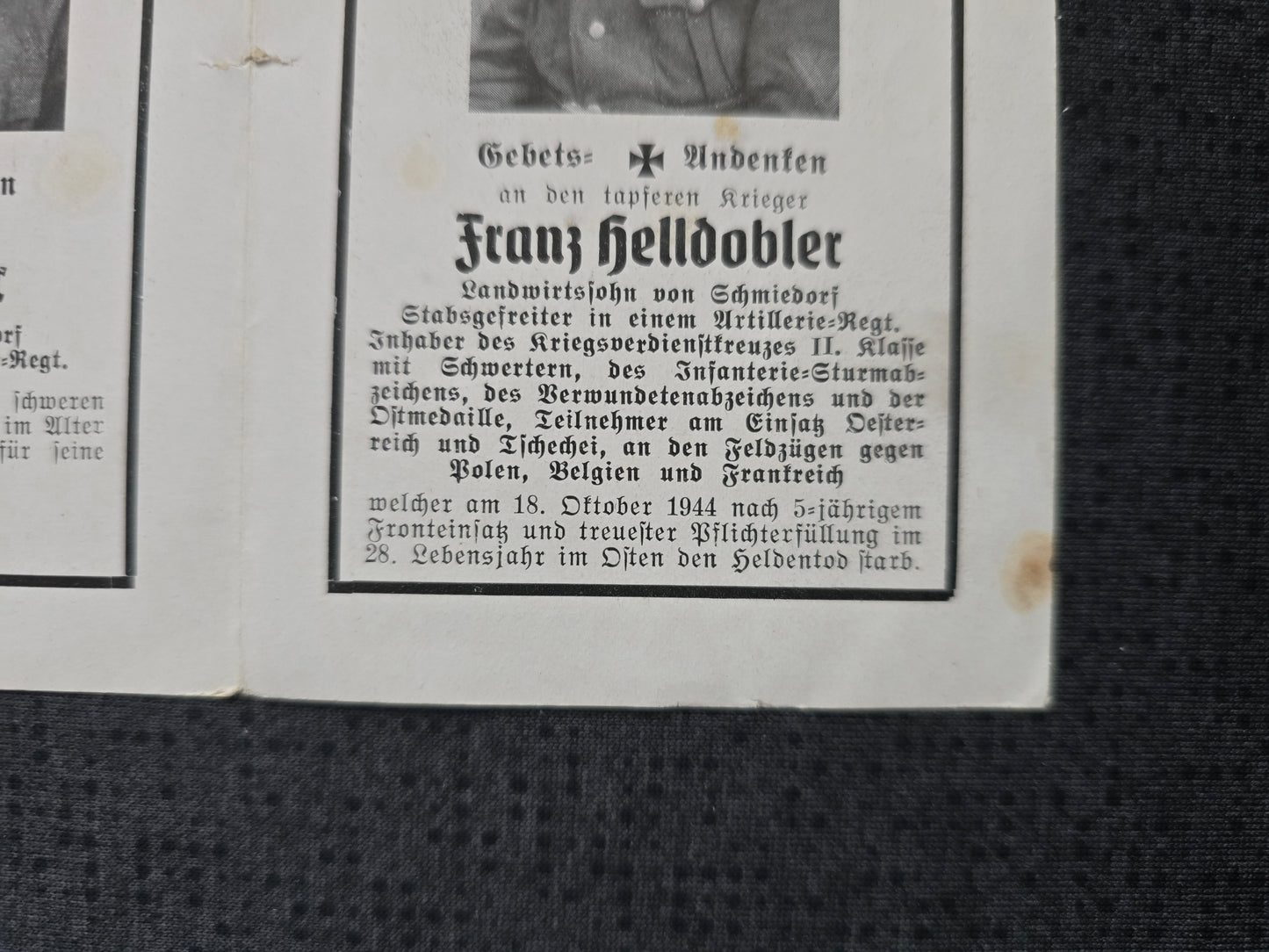 Sterbebild Doppelkarte SS-Grenadier Schmiedorf SS-Panzer Regt. Futa-Pass Italien Stabsgefreiter Artillerie Regt. Ciepielowo Polen