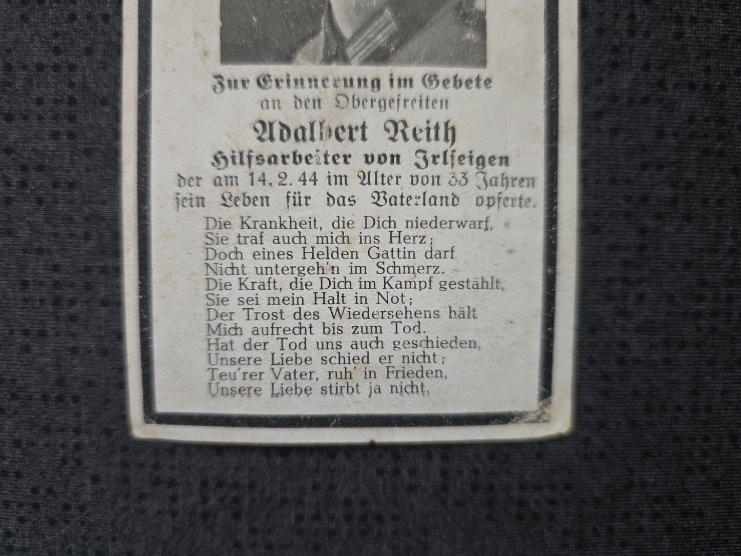 Sterbebild Obergefreiter Irlseigen Schwere. Art.-Ersatz Abt. 63 Pleschen-Wartheland Ostpreußen Polen