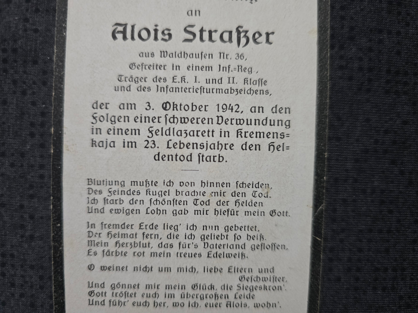 Sterbebild Gefreiter Waldzell 6. Geb. Jäger Regt. 227 EK I&II Kamensk Rossoschka Russland