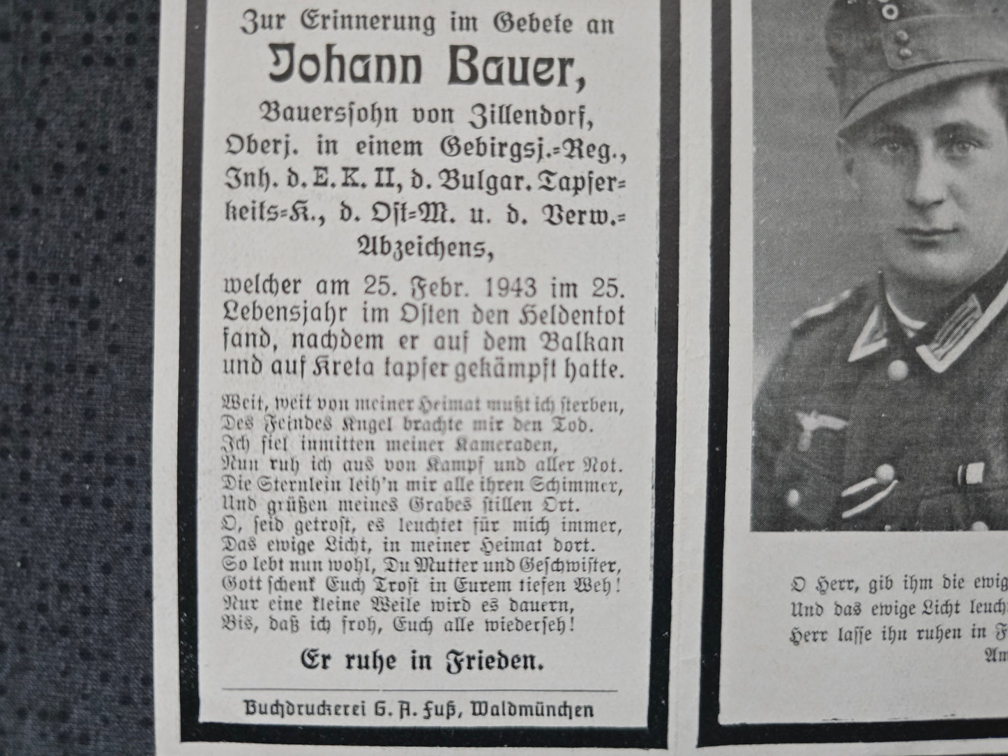 Sterbebild Oberjäger Zillendorf 13. Komp. Geb. Jäger Regt. 85 Bulgarischer Tapferkeitsorden Kreta Kämpfer Annenskoje Russland