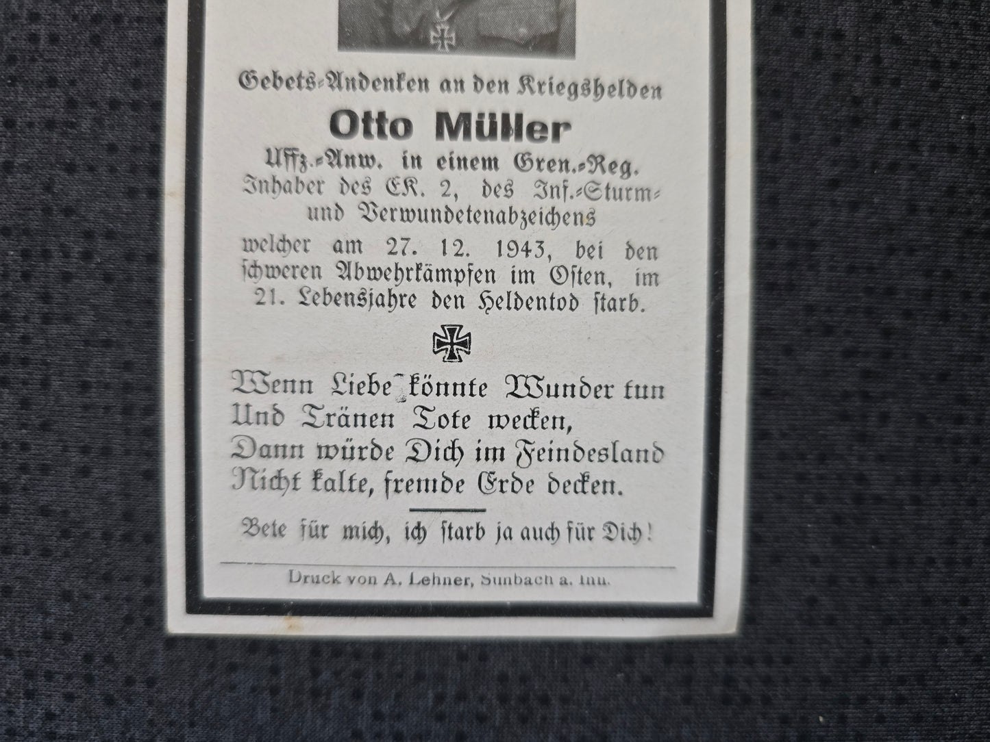 Sterbebild Unteroffizier-Anwärter Gumpersdorf Grenadier Regt. EK II Nowo-Ssololniki Russland
