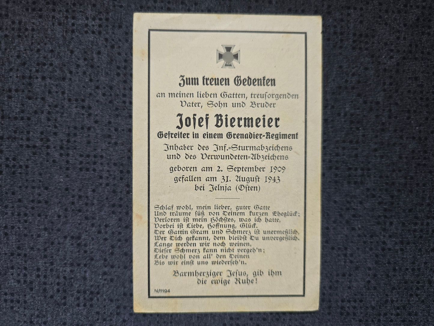 Sterbebild Gefreiter Karlshuld 4. Komp. Gren. Regt. 554 Jelnja Russland