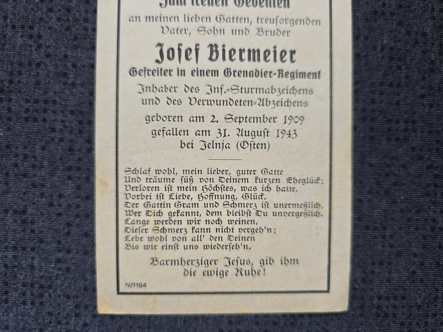Sterbebild Gefreiter Karlshuld 4. Komp. Gren. Regt. 554 Jelnja Russland