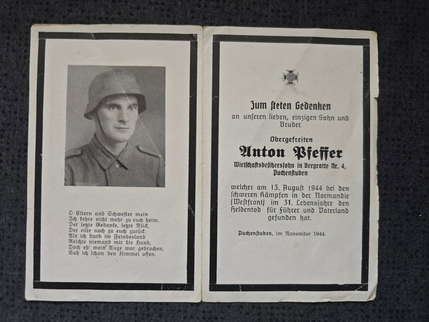 Sterbebild Obergefreiter Puchenstuben schwere Kämpfe Normandie Westfront Mont d'Huisnes Frankreich