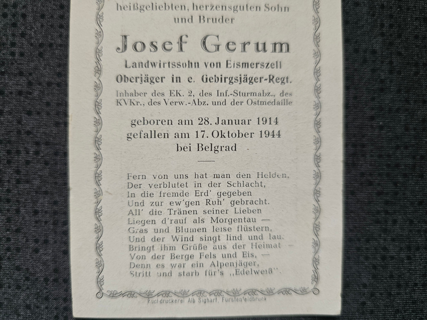 Sterbebild Oberjäger Eismerszell Gebirgsjäger Regt. EK II Belgrad Serbien
