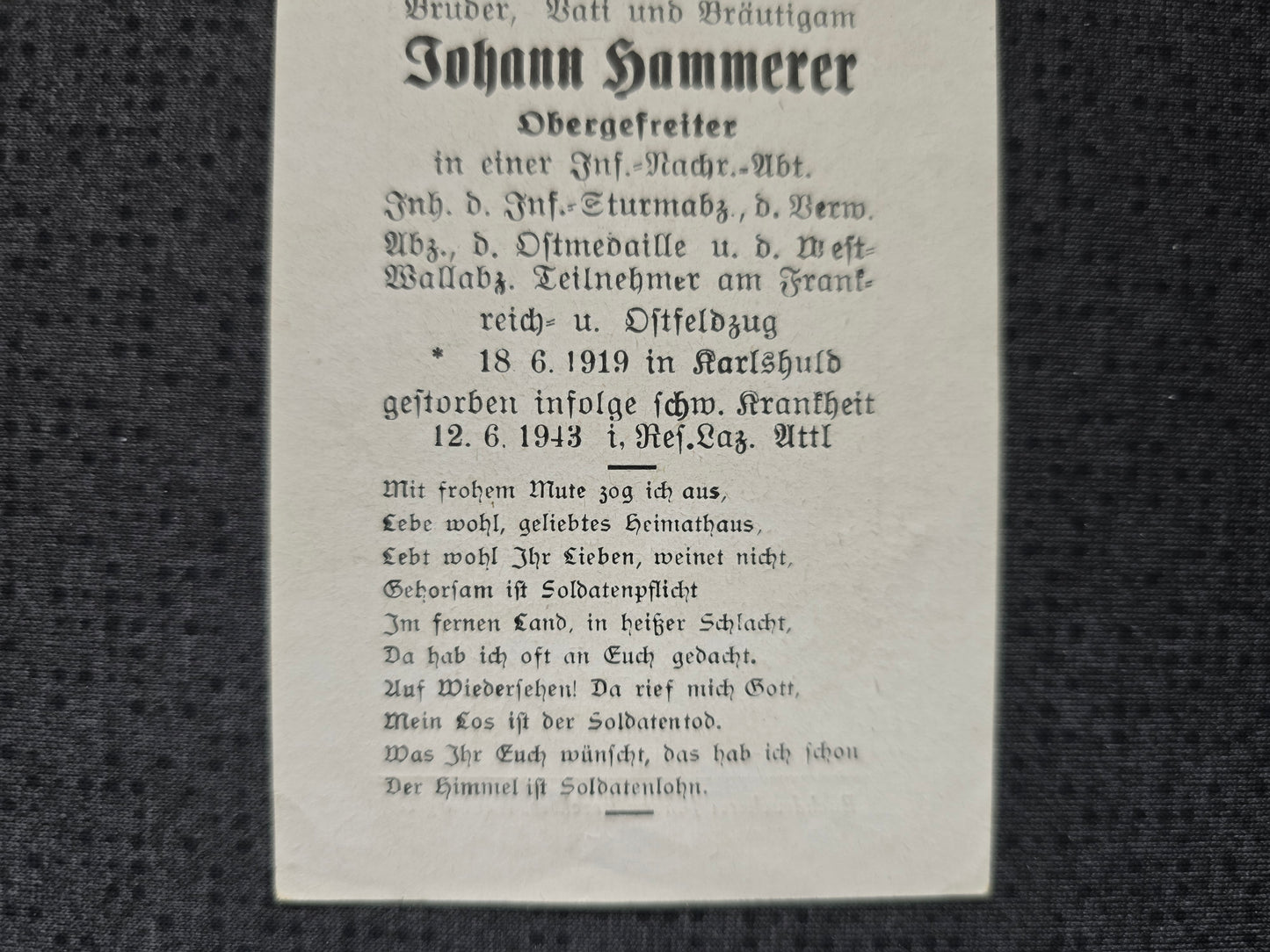 Sterbebild Obergefreiter Karlshuld Inf. Ersatz Btl. 199 Westwall-Abzeichen Attl am Inn Deutschland