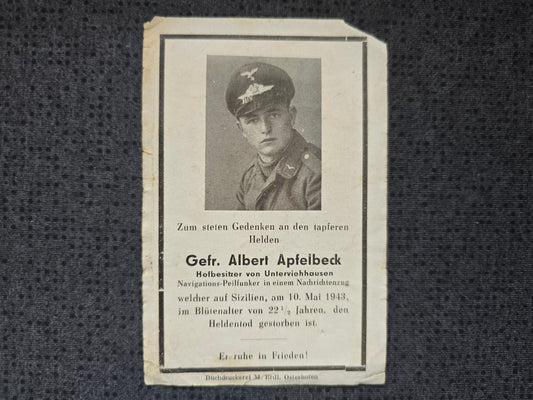 Sterbebild Gefreiter Unterviehhausen 6. Ausbildungskompanie Luftnachrichten Schule 1 Nordhausen Milo Sizilien Italien