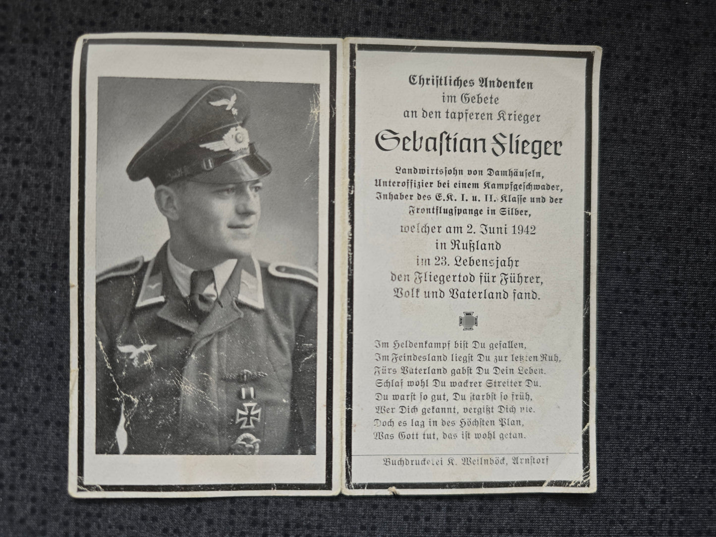 Sterbebild Unteroffizier Dammhäuseln 7. Staffel Kampfgeschwader 51 "Edelweiß" 7/KG-51 FFS Silber Russland
