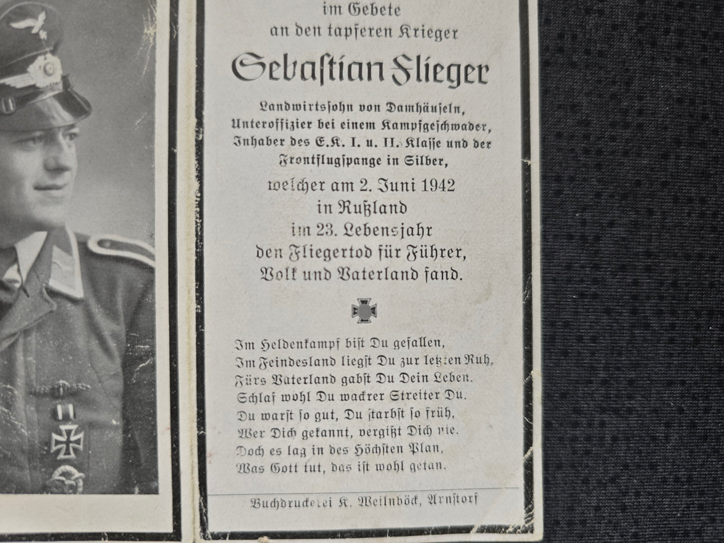Sterbebild Unteroffizier Dammhäuseln 7. Staffel Kampfgeschwader 51 "Edelweiß" 7/KG-51 FFS Silber Russland