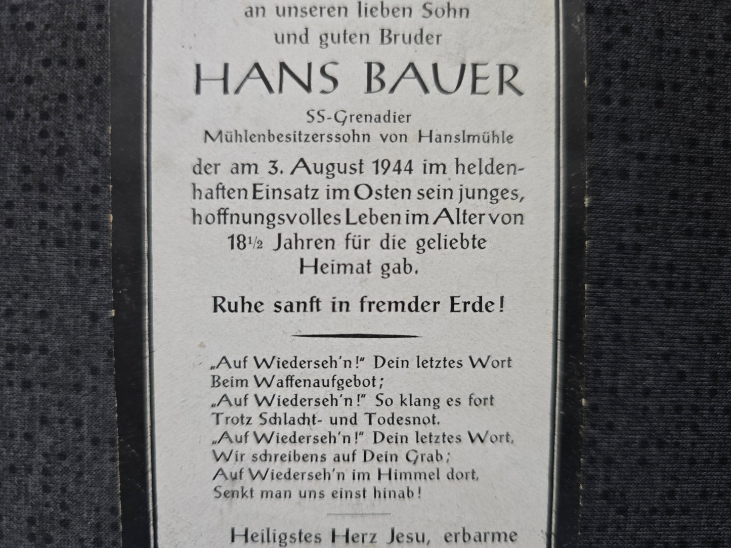 Sterbebild SS-Grenadier Hanslmühle 18 Jahre Osten