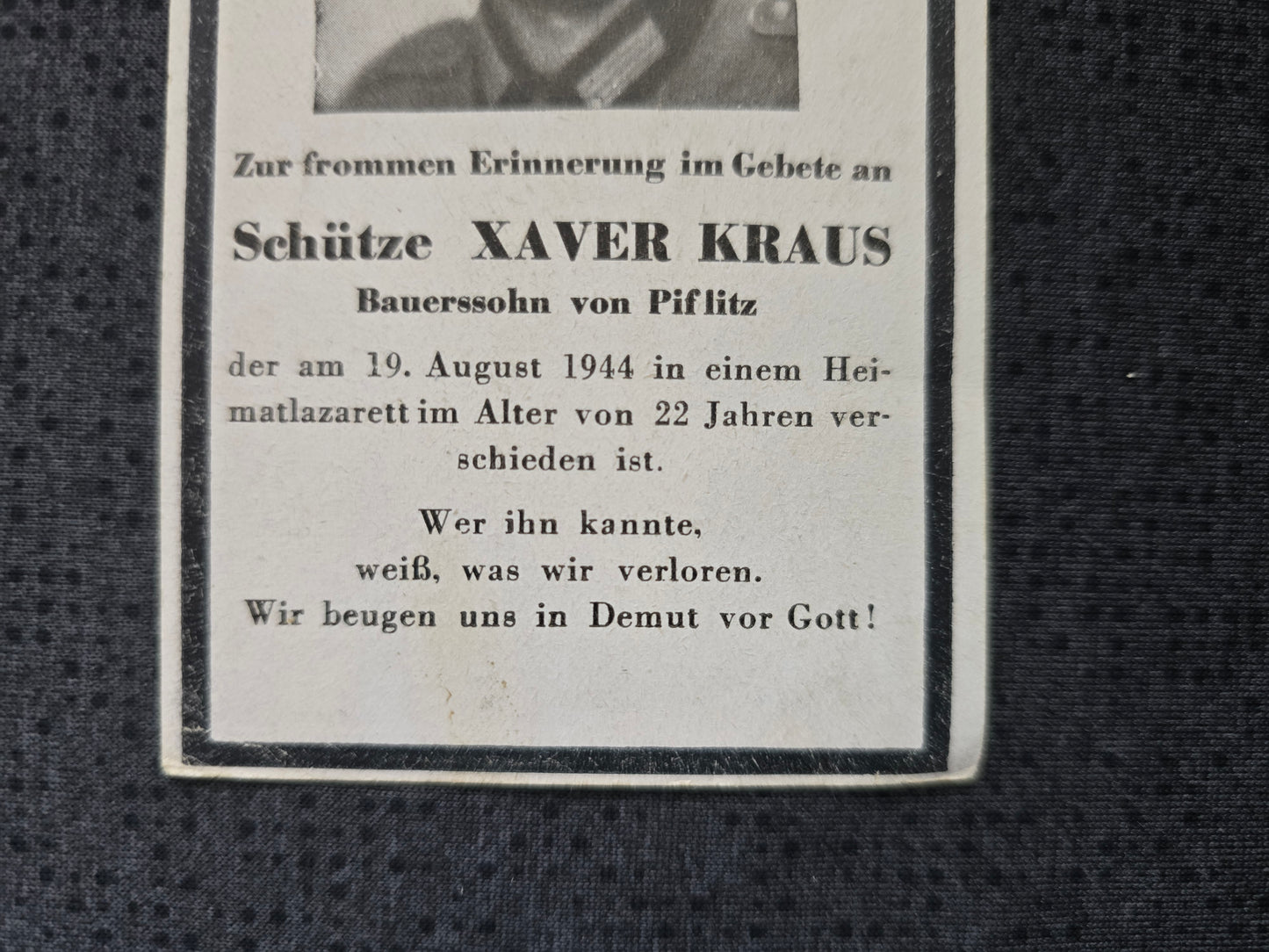 Sterbebild Schütze Piflitz verstorben in Heimatlazarett