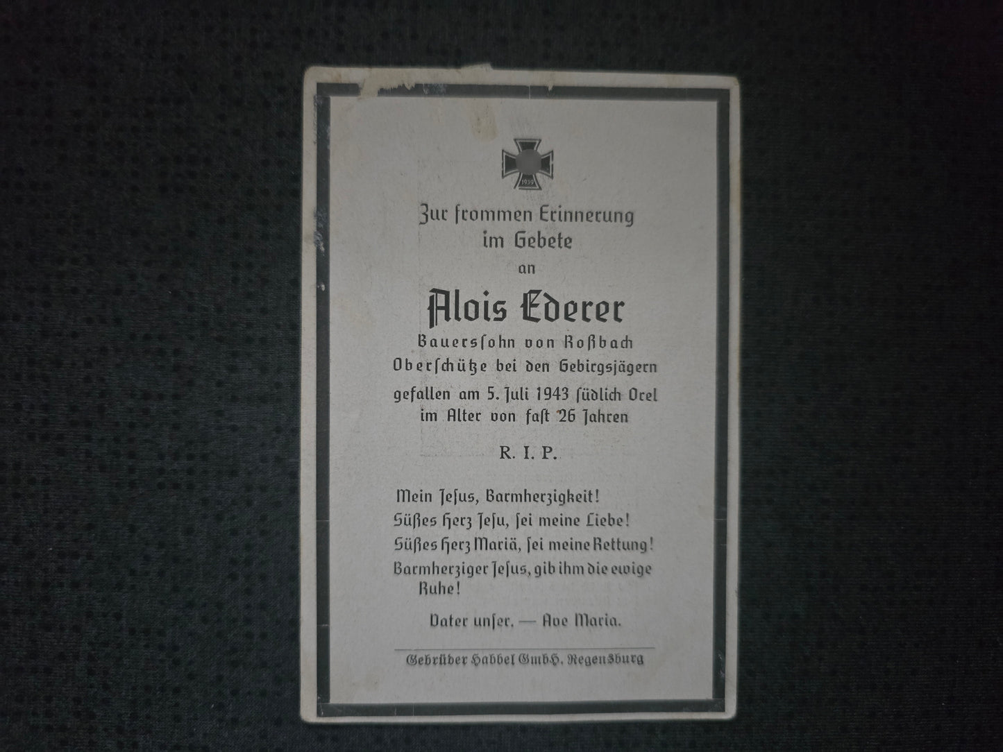 Sterbebild Oberschütze Roßbach 3. Komp. Jäger Btl. 8 Chitrowa Orel Russland