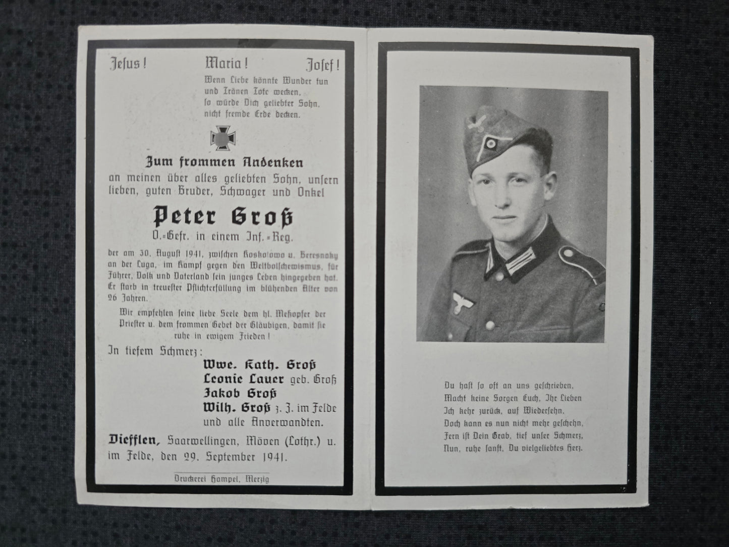 Sterbebild Obergefreiter Diefflen 8. Komp. Inf. Regt. 270 Koskolovo Narwa Estland