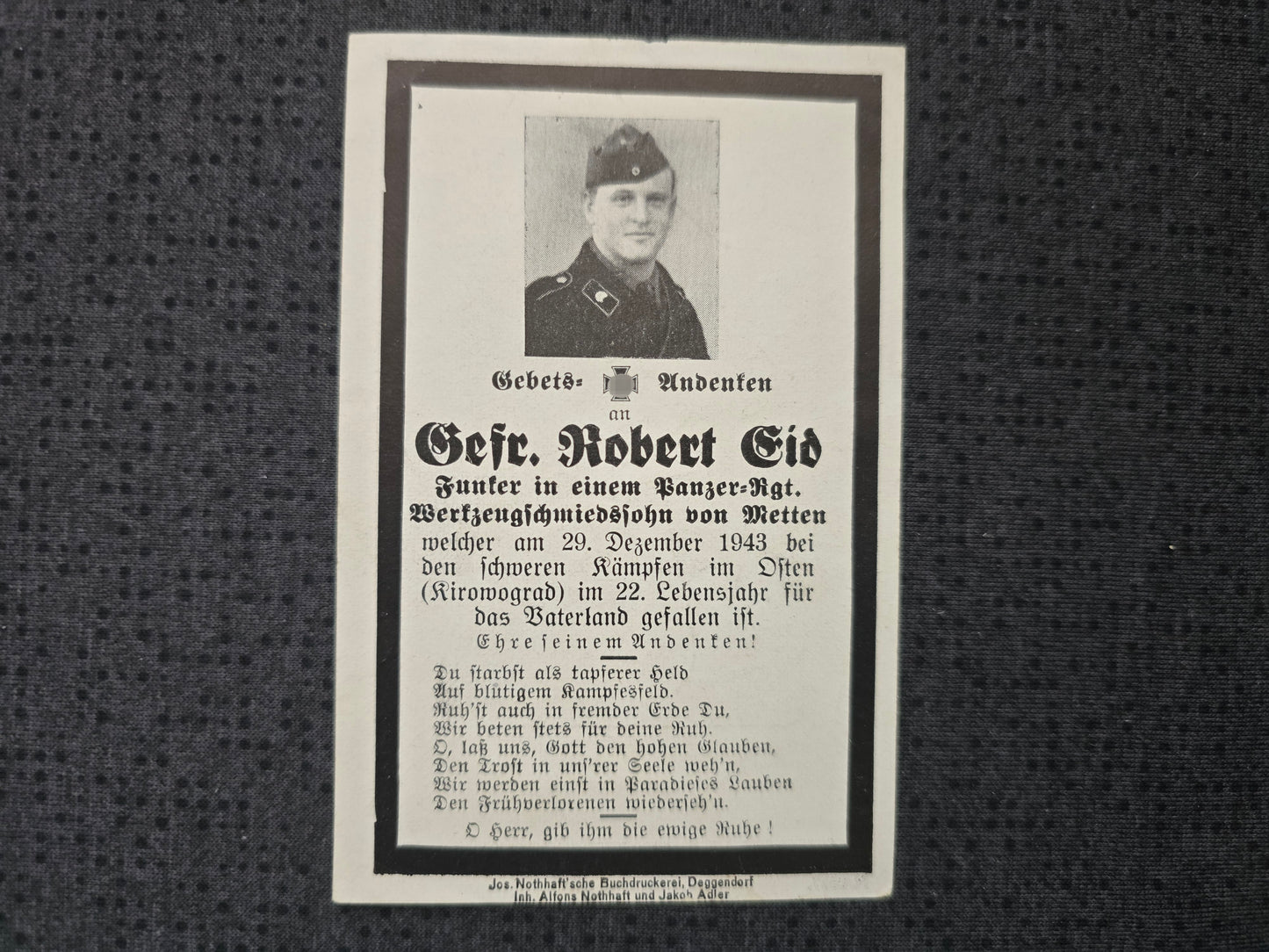 Sterbebild Gefreiter Metten Funker Panzer Regiment Kirowograd Russland