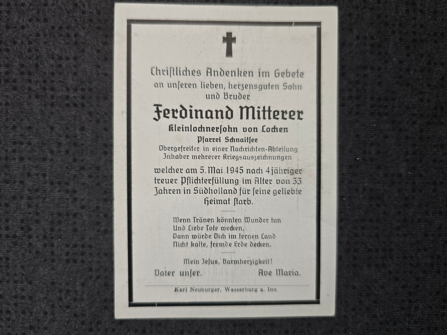 Sterbebild Obergefreiter Schnaitsee Nachrichten Abt. Endkampf Alblasserdam Ysselsteyn Holland