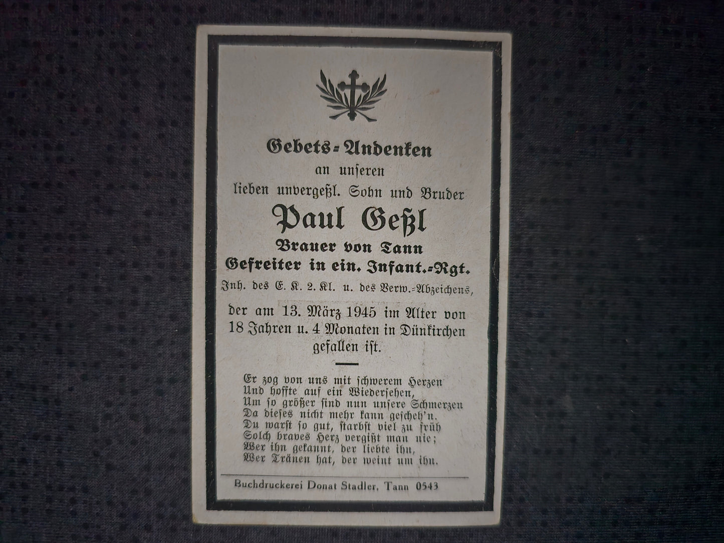 Sterbebild Gefreiter Tann Infanterie Regt. Endkampf Dünkirchen Bourdon Frankreich