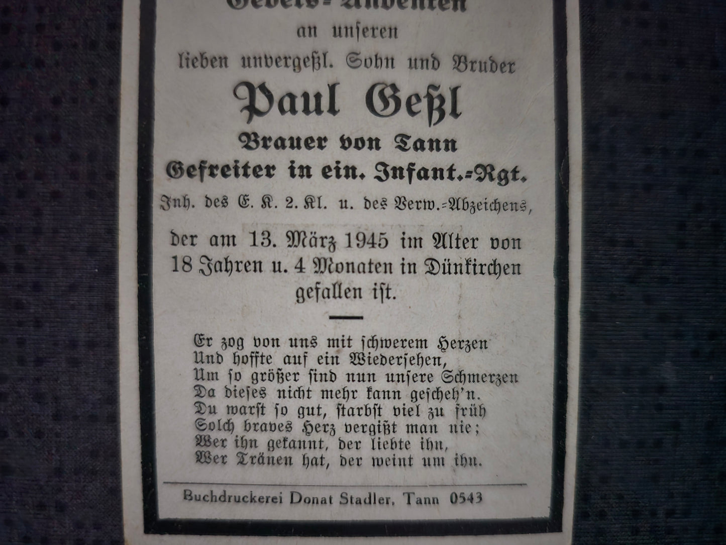 Sterbebild Gefreiter Tann Infanterie Regt. Endkampf Dünkirchen Bourdon Frankreich