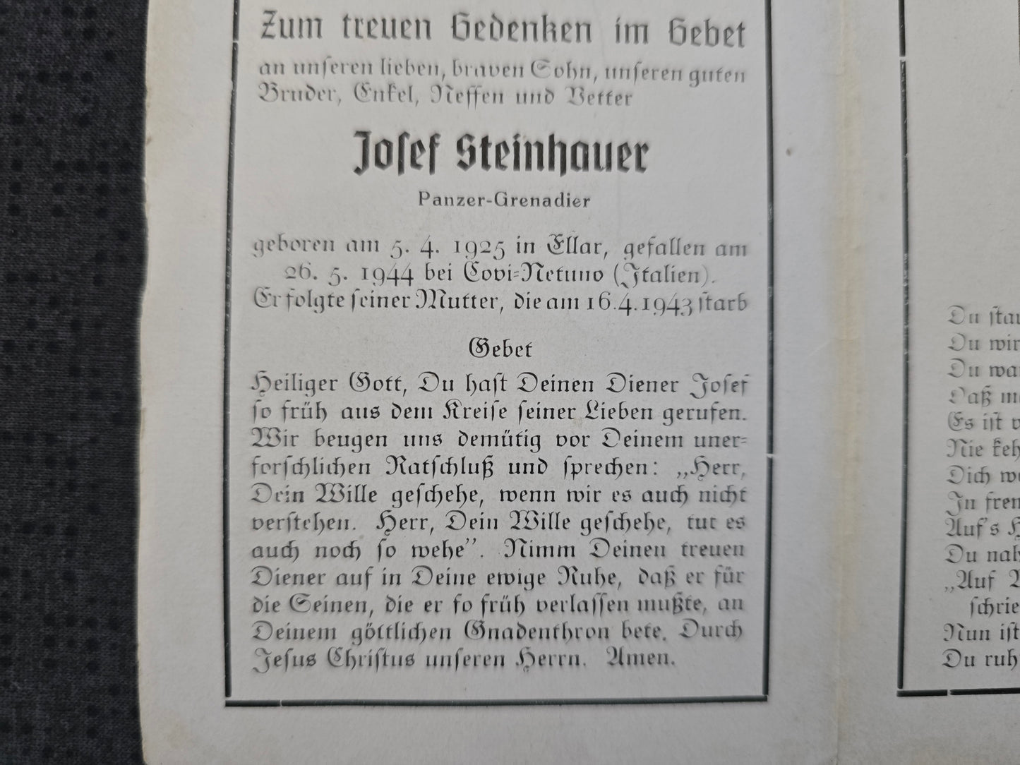 Sterbebild Grenadier Ellar Panzer Abt. Covi-Nettuno Pomezia Italien