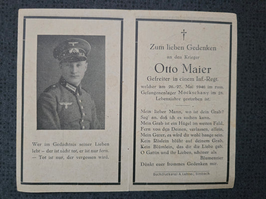 Sterbebild Gefreiter Infanterie Regt. Gefangenlager Mockschany Russland
