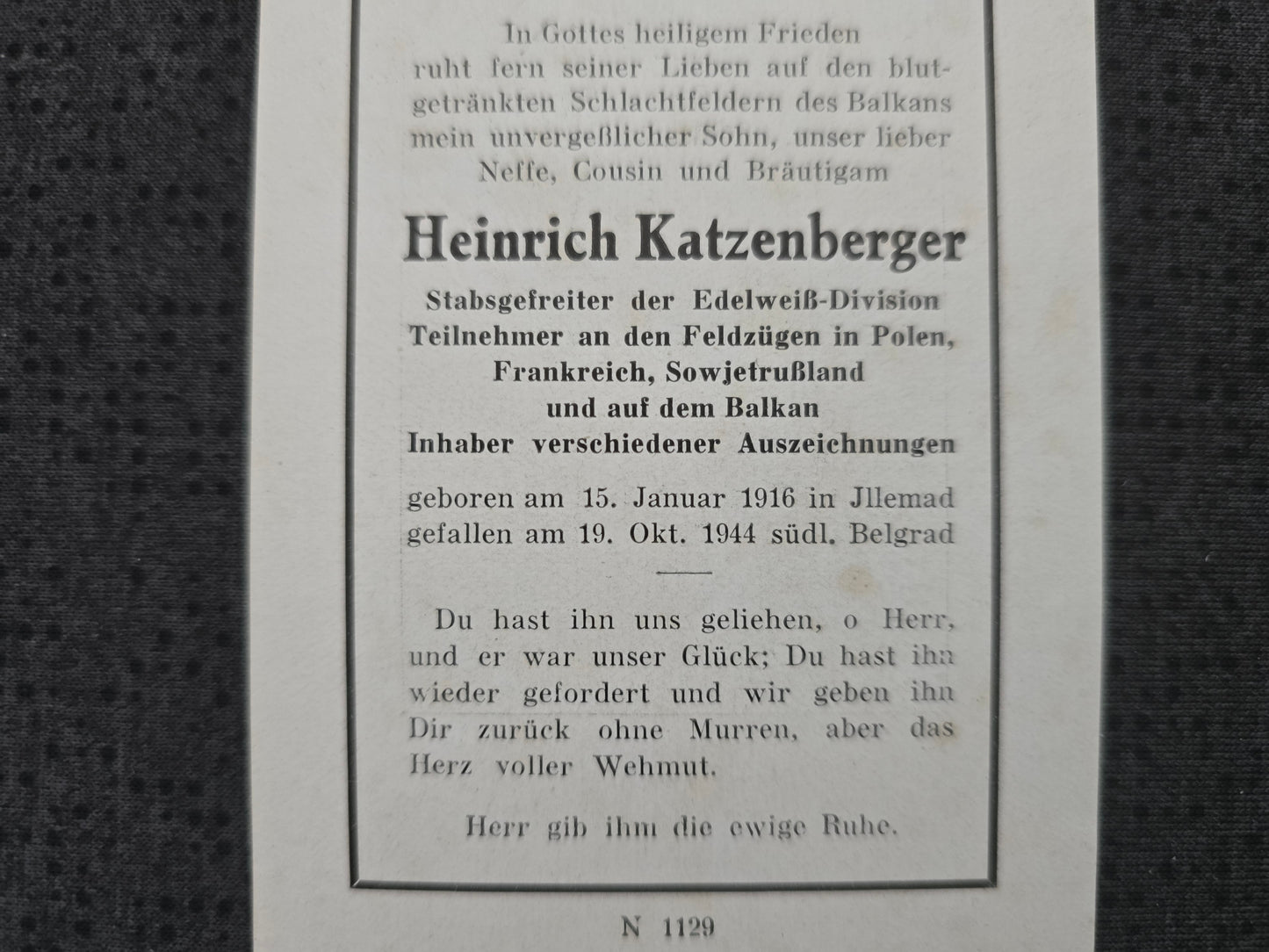 Sterbebild Stabsgefreiter Illemad 1. Gebirgs-Division "Edelweiss" Belgrad Serbien