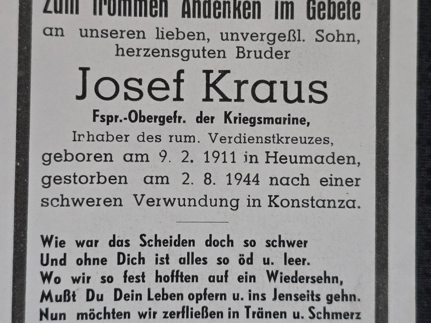 Sterbebild Fernsprech-Obergefreiter Kriegsmarine Heumaden Feldlaz. (Mot) 777 Constanza Rumänien