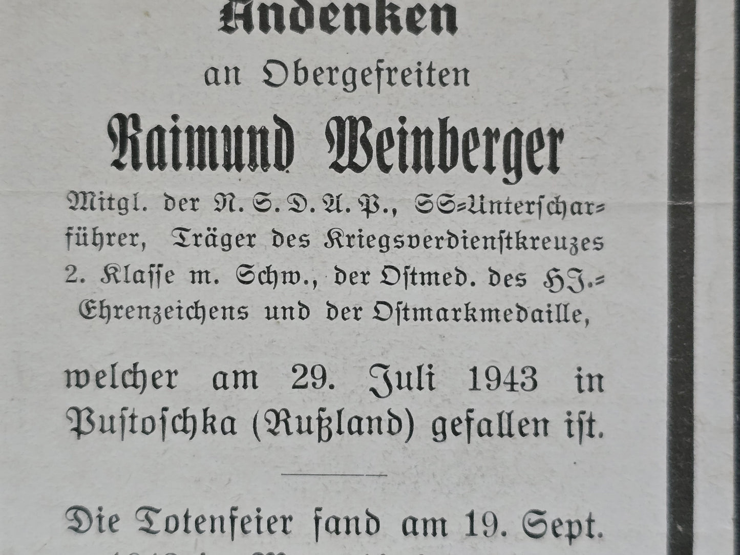 Sterbebild Obergefreiter Mauerkirchen 4. Komp 3. Regt. Division "Brandenburg" SS-Unterscharführer HJ Ehrenabzeichen Pustoschka Russland