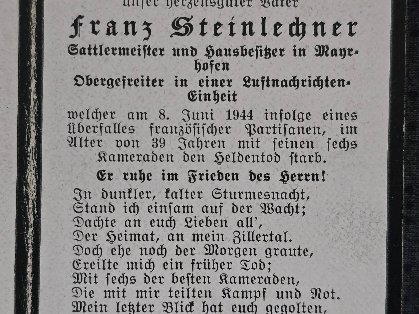 Sterbebild Obergefreiter Mayrhofen 22. Komp. LN Regt. Partisanen Résistance Les Ecorces Andilly Frankreich