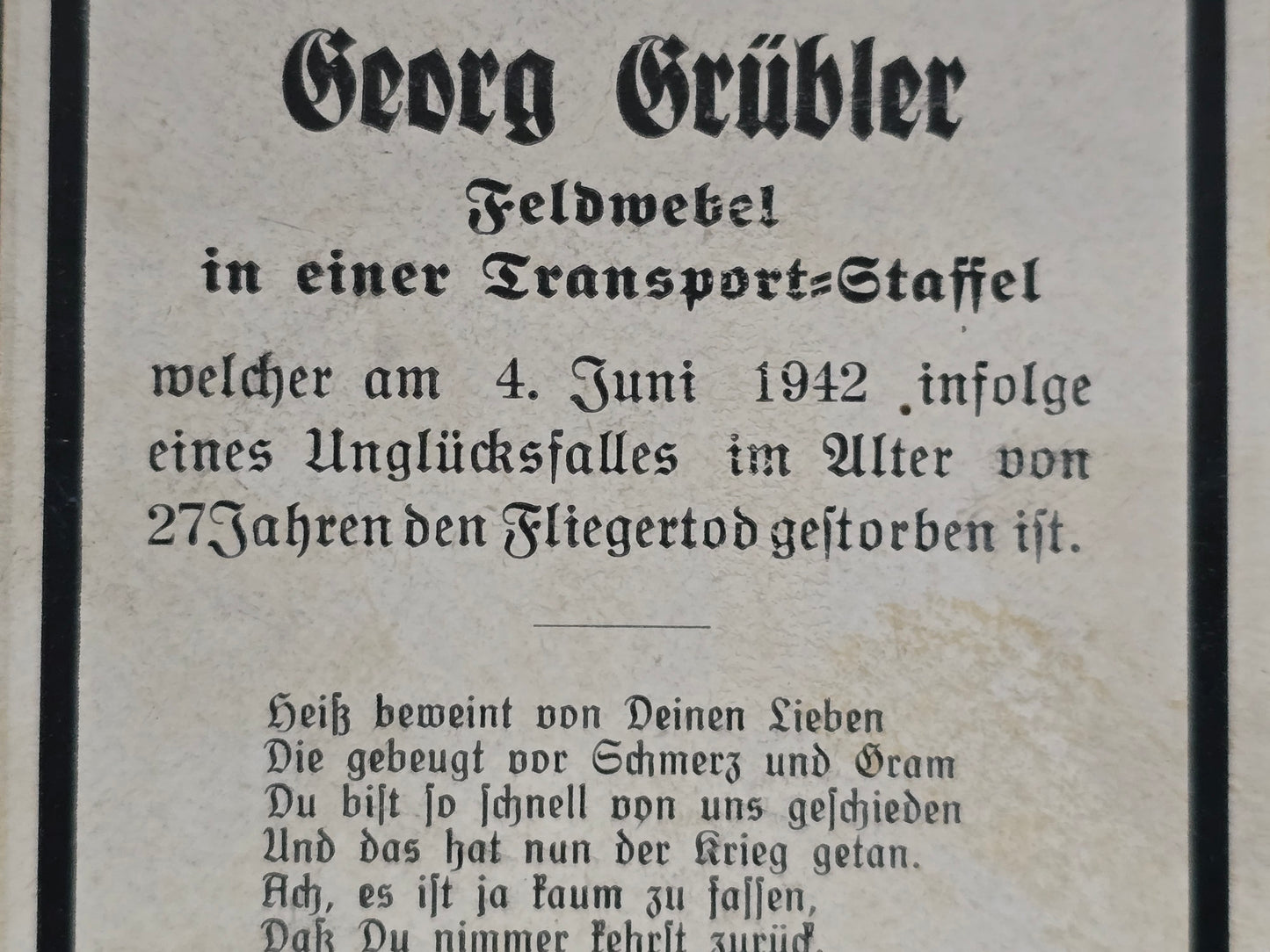 Sterbebild Feldwebel Niederaudorf 4. Staffel Kampfgruppe Z.B.V. 102 Dettum Braunschweig