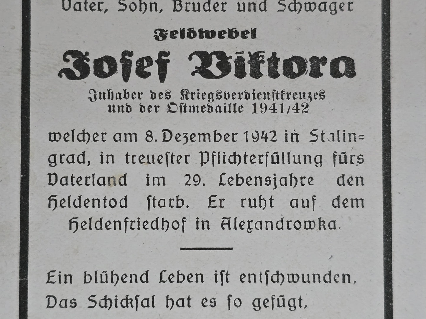 Sterbebild Feldwebel Grünberg 1. Komp. Jäger Regt. 227 Stalingrad Russland