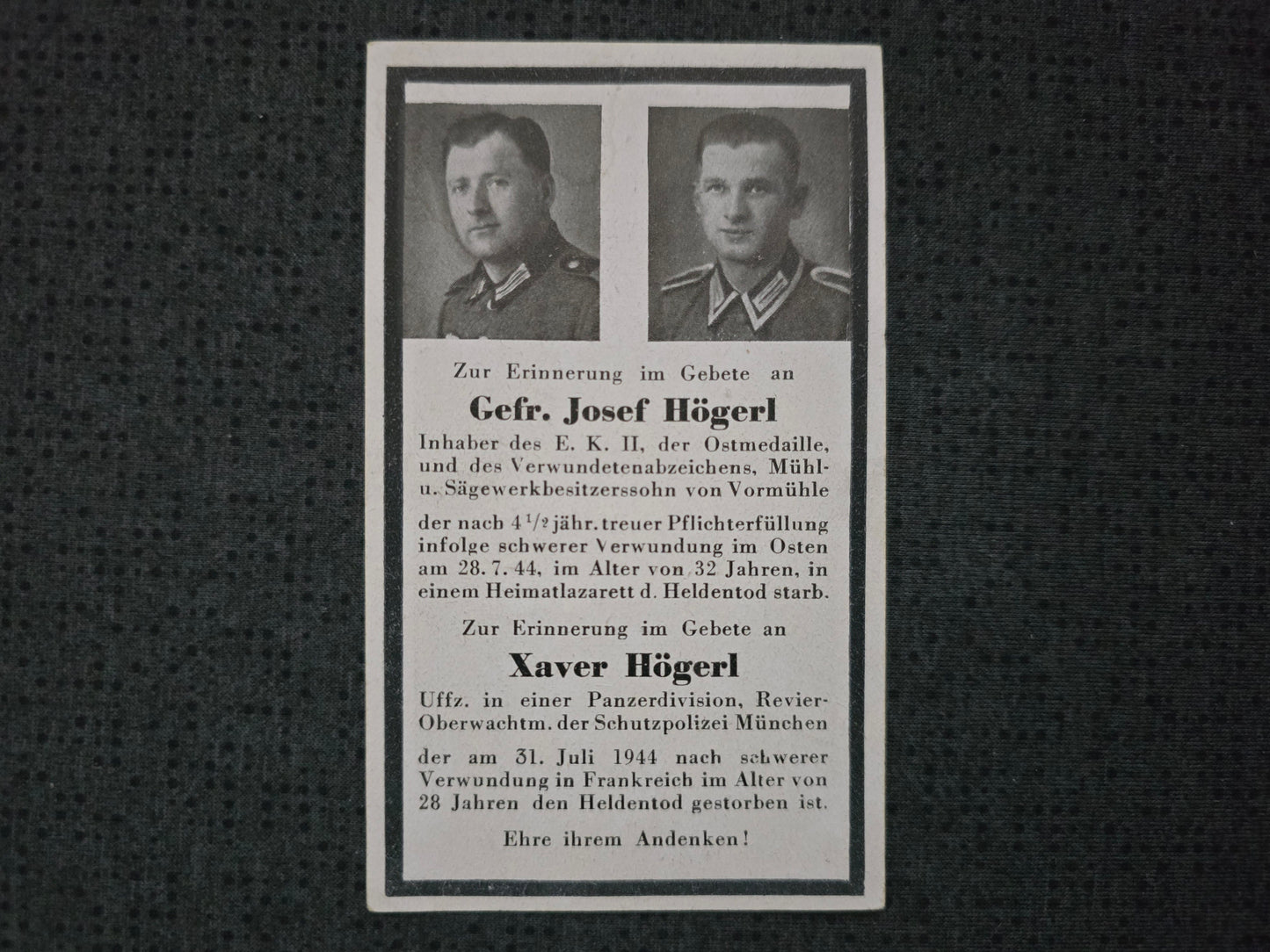 Sterbebild Brüder Vormühle Gefreiter & SS-Unterscharführer Panzerdivision Schutzpolizei Normandie Champigny-St. Andre Frankreich